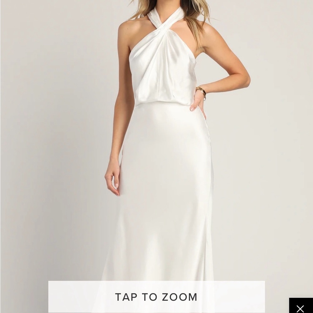 Lulus At the Halter White Satin Halter Neck Twist-Front Maxi Dress